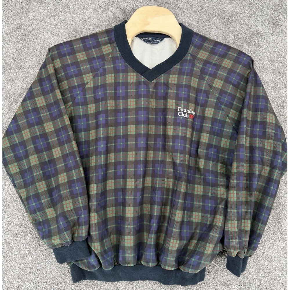 VTG Founders Club Milleta‎ England Plaid Golf Windshirt V Neck Pullover Large